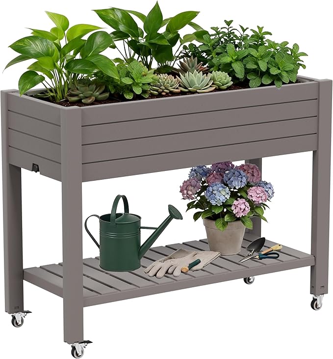 33.7" Tall Raised Garden Bed with Wheels, Divisible Resin Planter Box with Drainage Gauge & Storage Shelf, Herb Planter for Garden Patio Backyard, Medium Gray (33.7" h)
