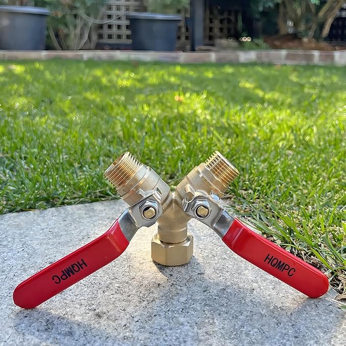 HQMPC Garden Hose Y Valve Splitter Brass Hose Splitter With Stainless Steel Long Handle Brass Garden Hose Adapter 2 Way Y Valve 3/4" GHT Thread 2pcs