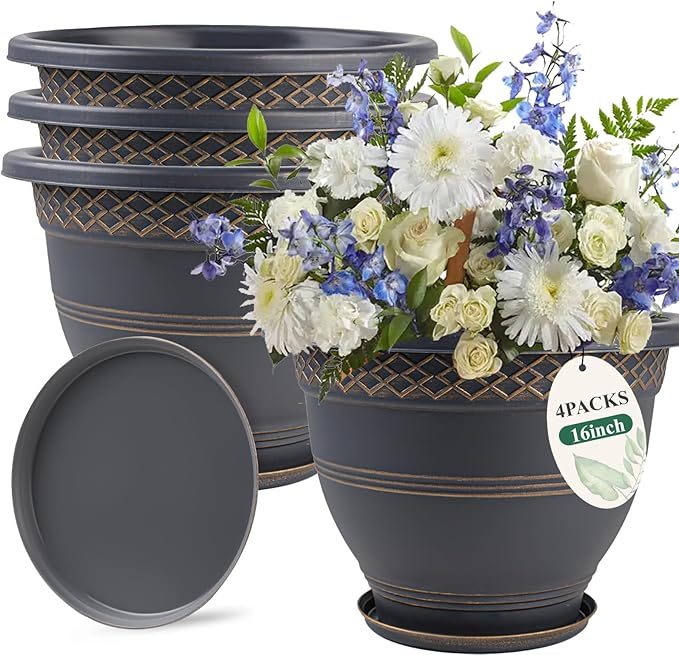 Usocik 16 Inch Plaid Plant Pots 4 Pack with Drainage and Saucers Gold | Gold plaid PP pots with drainage holes and saucers for large plants porch patio garden and entryway