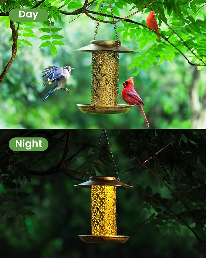 SWEETFULL Solar Bird Feeder for Outdoors Hanging, Metal Wild Bird Feeder for Cardinals Solar Garden Lantern with S Hook as Gift Ideas for Bird Lovers (2LBs Heavy Duty Weather Resistance birdfeeders)