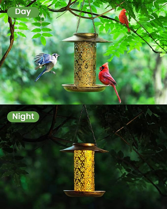 SWEETFULL Solar Bird Feeder for Outdoors Hanging, Metal Wild Bird Feeder for Cardinals Solar Garden Lantern with S Hook as Gift Ideas for Bird Lovers (2LBs Heavy Duty Weather Resistance birdfeeders)