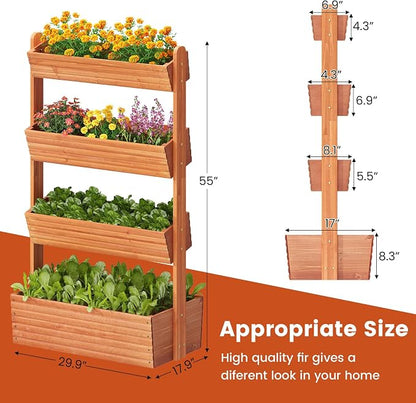 GHWIE Wooden Garden Planter Box, Raised Bed with Vertical Plant Rack, Indoor Outdoor Flower Herb Vegetable Stand (Reddish-Brown, 4 Tier)