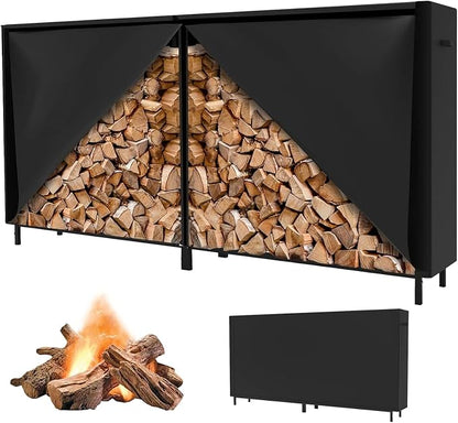 8Ft Firewood Rack Cover with Zipper & Adhesive Closing Strips, Heavy Duty Black 600D Polyester Oxford, Waterproof, Windproof, and Sun-Protective, Rack Not Included