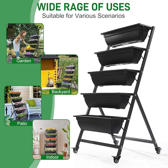 Outvita 4.4 FT Vertical Garden Bed Removable 5 Tier Elevated with 4 Wheels | Vertical Raised Planter, Black Raised Bed Box, Movable Vegetable Flower Planter for Patio Yard Indoor Outdoor