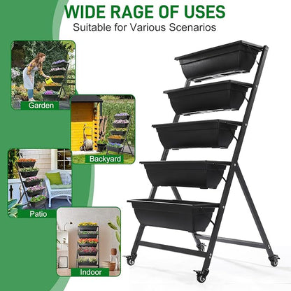 Outvita 4.4 FT Vertical Garden Bed Removable 5 Tier Elevated with 4 Wheels | Vertical Raised Planter, Black Raised Bed Box, Movable Vegetable Flower Planter for Patio Yard Indoor Outdoor