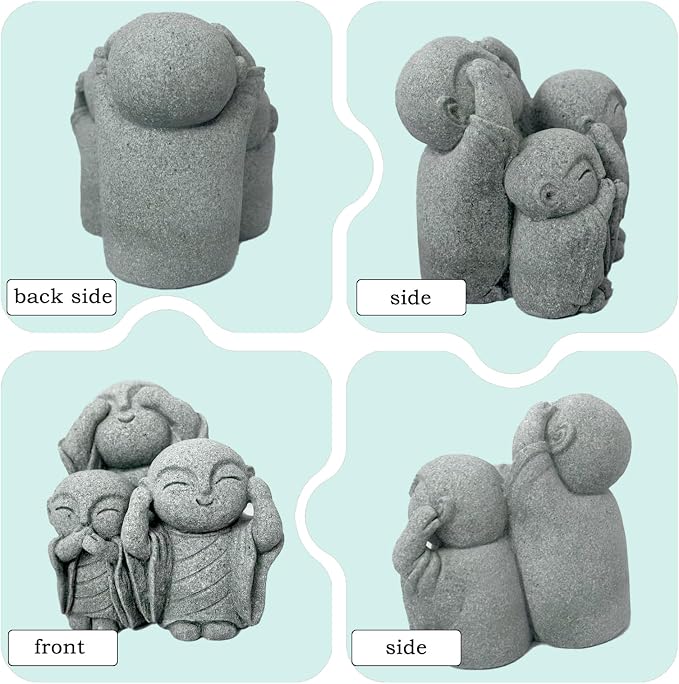 Mini Zen Monk Praying Statue Small Buddha Jizo Figurine Sandstone Feng Shui Sculpture Ornament for Fish Tank Decor Home Garden Good Luck Decoration - No Evil