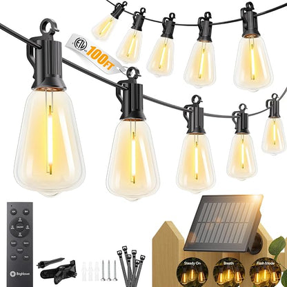 Brightown 100FT Solar String Lights Outdoor Waterproof, Patio Lights with Remote & Timer, USB/Solar Powered Dimmable Outdoor Lights, 31+2 LED Bulbs for Backyard Garden Camping Party