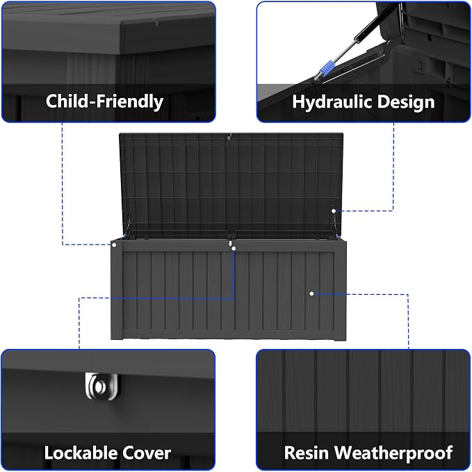 150 Gallon Outdoor Storage Box Resin Deck Box All Weather Waterproof Large Lockable Storage Container Deck Box for Patio Furniture, Garden Tools, Lockable, Black New