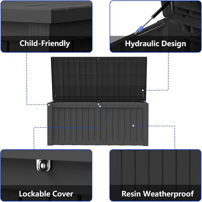 150 Gallon Outdoor Storage Box Resin Deck Box All Weather Waterproof Large Lockable Storage Container Deck Box for Patio Furniture, Garden Tools, Lockable, Black New
