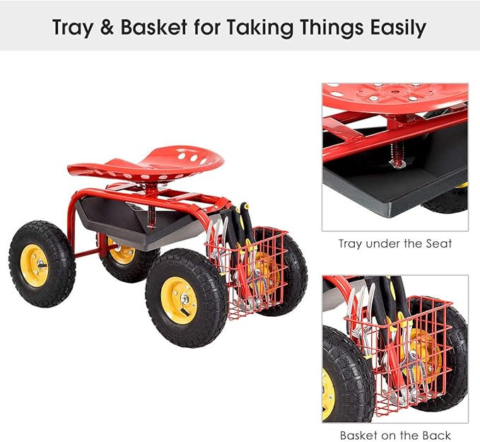 IRONMAX Garden Cart with Seat, Heavy Duty Gardening Work Stools w/Height Adjustable Seat & 10’’ Large Wheels, Rolling Garden Scooter for Outdoor Lawn Yard Planting (Red)