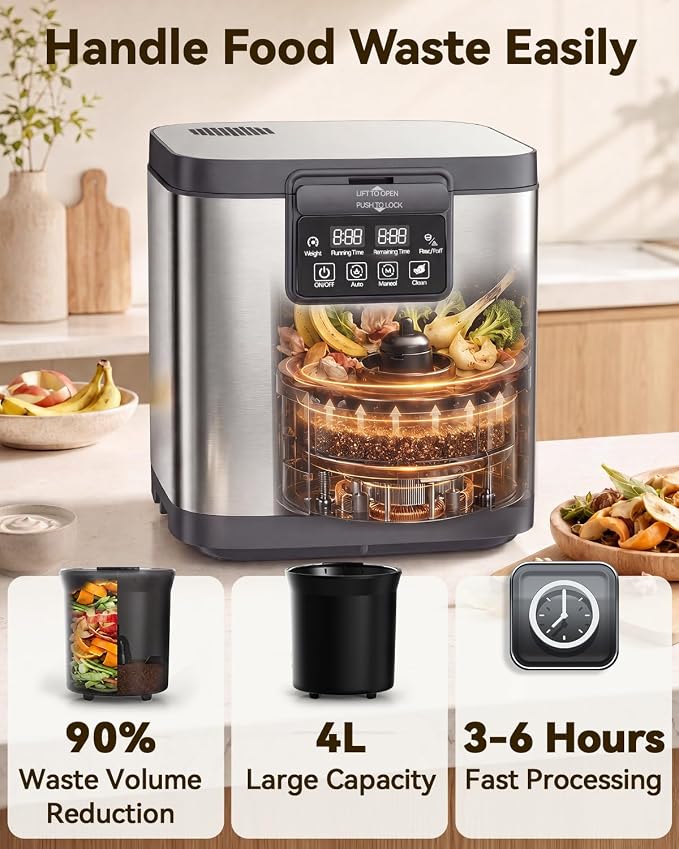 Electric Composter for Kitchen, 4L Indoor Odorless Compost Bin with 2 Carbon Filters, Upgraded Brushless Motor, Auto-Clean, LED Display, Visible Window, Smart Countertop Food Waste Composting Machine