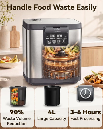Electric Composter for Kitchen, 4L Indoor Odorless Compost Bin with 2 Carbon Filters, Upgraded Brushless Motor, Auto-Clean, LED Display, Visible Window, Smart Countertop Food Waste Composting Machine