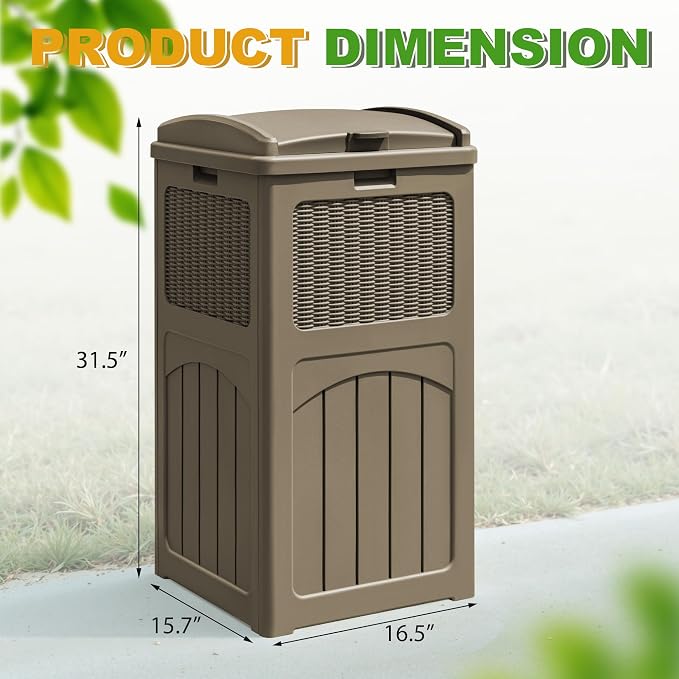 Greesum 33 Package Delivery Box for Outside, Patio Waterproof Resin Garbage Bin with Lid for Hideaway, Deck, Patio, Light Coffee