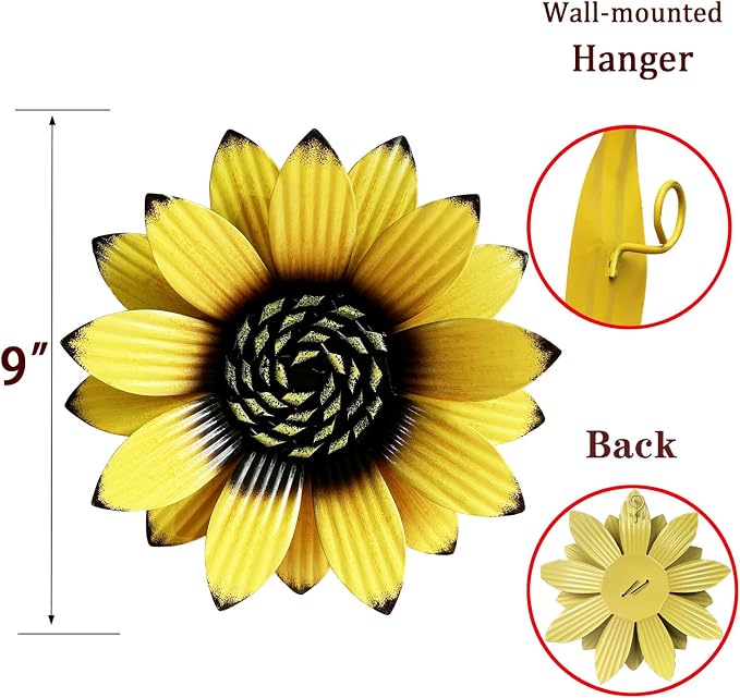 Sunflower Outdoor Metal Wall Art - 3Pack 9" Metal Flowers Wall Decor for Porch, Garden, Yard - Weather-Resistant Indoor Floral Wall Art - Durable Outdoor Wall Decor