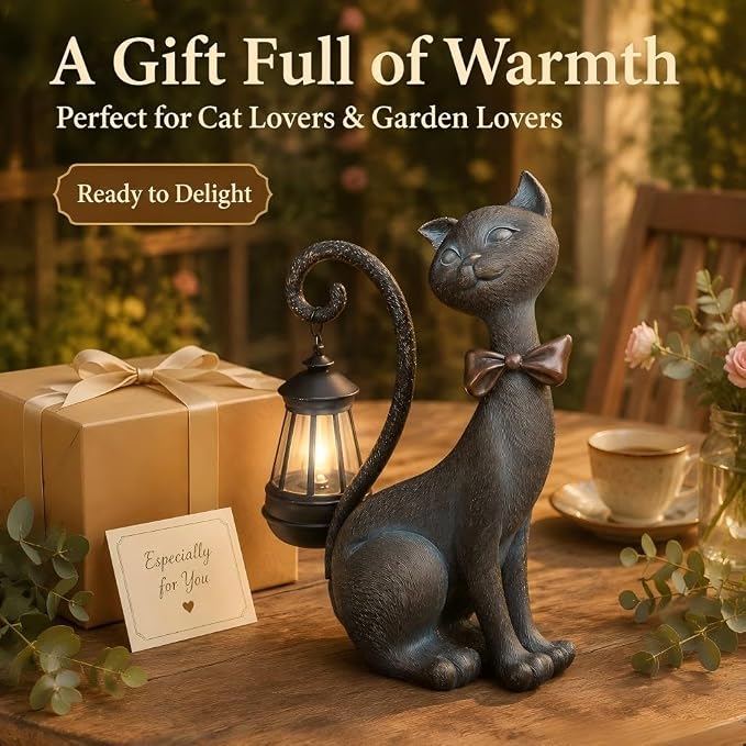 Cat Outdoor Statues with Solar Garden Light:Cat Garden Statues for Outside Fall Decor Clearance,Outdoor Figurine for Yard Art Lawn Ornaments Patio Balcony Home House - Birthday Gifts for mom Grandma