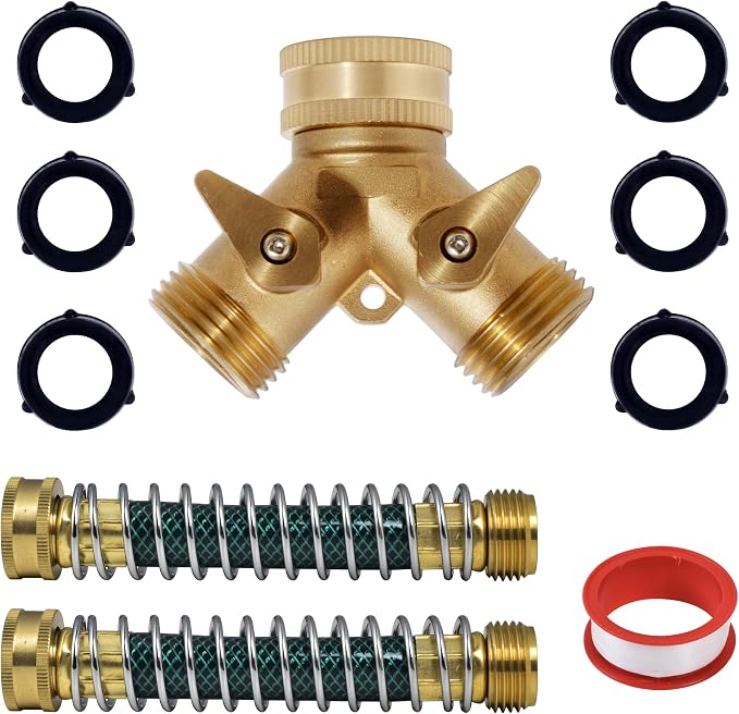 VANCOCO Garden Hose Coiled Spring Protectors, 3/4" Heavy Duty Brass Hose Splitter 2 Way with Hose Spring Protector for Garden Hose