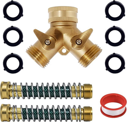 VANCOCO Garden Hose Coiled Spring Protectors, 3/4" Heavy Duty Brass Hose Splitter 2 Way with Hose Spring Protector for Garden Hose