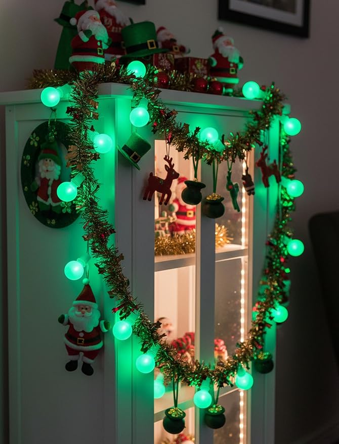 LED St. Patrick's Day String Lights, 25Ft St Patricks Decorations Outdoor | 25+2 G40 Round Bulbs, Connectable, Hanging Patio Lights Shatterproof for Indoor Home Decor Party, White Wire, Ceramic Green