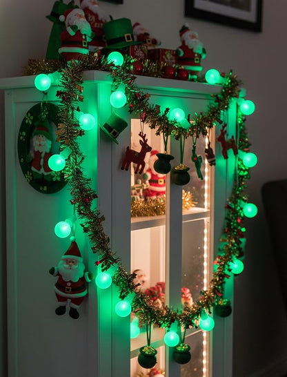 LED St. Patrick's Day String Lights, 25Ft St Patricks Decorations Outdoor | 25+2 G40 Round Bulbs, Connectable, Hanging Patio Lights Shatterproof for Indoor Home Decor Party, White Wire, Ceramic Green