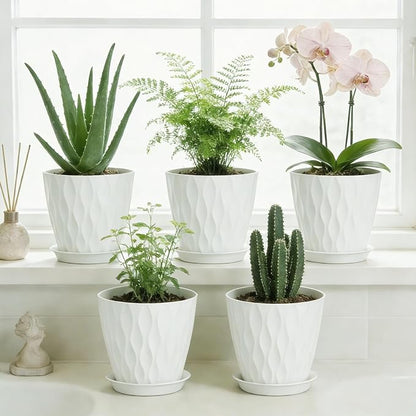 8 Inch Plastic Plant Pots,Set of 5 Flower Pots,Planters with Drainage Holes & Saucers, Indoor Outdoor Garden Pots for Home Decor(White)