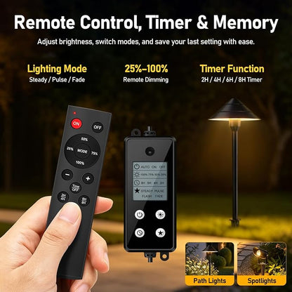 12-Light Low Voltage Landscape Lighting System, 8 Pathway Lights & 4 Spotlights, 60W 24V ETL Controller, Plug-and-Play, IP65 Waterproof, Remote & Timer, 3000K Warm White, 127FT for Path Garden