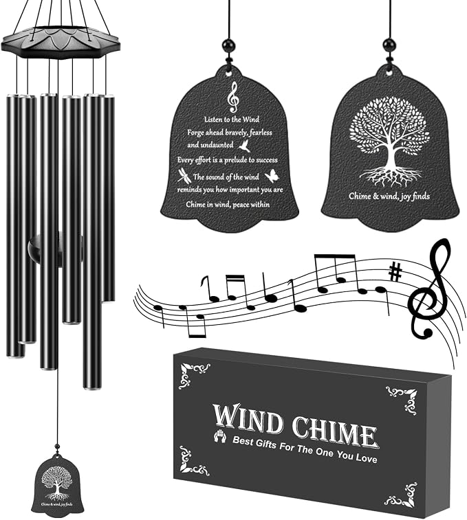 6 Tubes 32" Wind Chimes for Outside, Blessing Decor Wind Chimes, Outdoor Patio Yard Garden Decoration, Perfect Retirement Mothers Day Birthday Gift for Mom, Women, Grandma, Neighbors Black