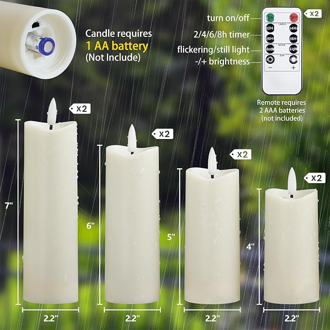 Waterproof Flameless 2.2" x4" 4" 5" 5" 6" 6" 7" 7" Pillar Candles with Remote Control and Timer, LED Ivory Battery Operated Plastic Wave-Shaped Design Pack of 8 Outdoor Flickering
