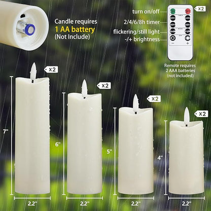 Waterproof Flameless 2.2" x4" 4" 5" 5" 6" 6" 7" 7" Pillar Candles with Remote Control and Timer, LED Ivory Battery Operated Plastic Wave-Shaped Design Pack of 8 Outdoor Flickering