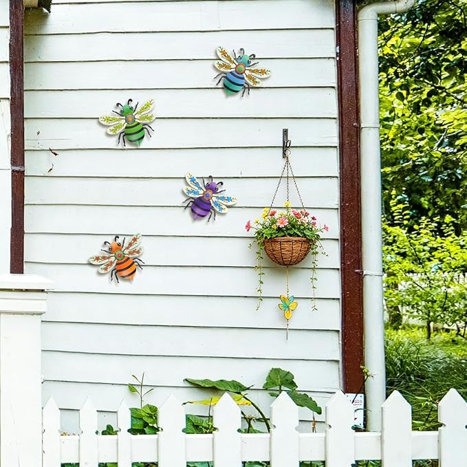 VOKPROOF Metal Bee Wall Art Decor, Outdoor Fence Decor for Patio Yard Garden, Hanging Decorations for Living Room, Bedroom(4 Pack)