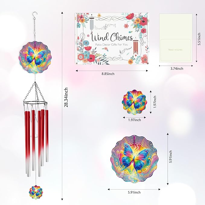Butterfly Wind Chimes for Outside with Wind Spinner, Summer Garden Patio Yard Porch Decor, Colorful Butterfly Wind Chime with Gift Box, Birthday Gifts for Women Mom Grandma Nana