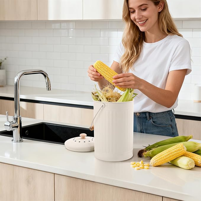 1.7 Gal Kitchen Compost Bin with Smell Proof Lid,Odorless Bin for Indoor Countertop,100% Rust Proof Compost Bucket with Non-Smell Charcoal Filter,Easy Cleaning and Looks Great On Any Kitchen Counter