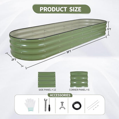 Galvanized Raised Garden Bed - 8x2x1FT Metal Planter Boxes Outdoor | Oval Steel Raised Bed Kit for Gardening with Protective Tape, Bracing Rods, Gloves for Vegetables, Flower, Herb (Green)