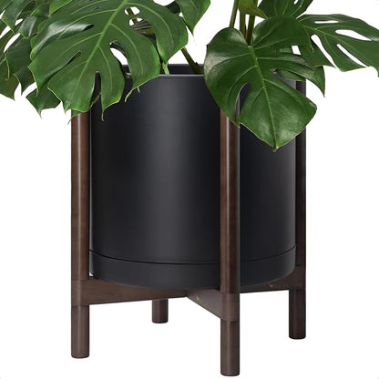 D'vine Dev Plastic Pot with Walnut Wood Stand, Black, 16 in, 55-C-X-2 | Mid-Century Inspired Design, Elevated Plant Display, Clean Lines, Sturdy Support, Modern Space-Saving Style