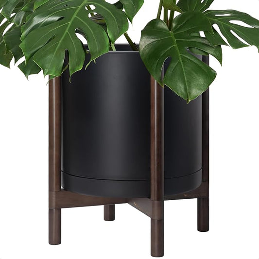 D'vine Dev Plastic Pot with Walnut Wood Stand, Black, 16 in, 55-C-X-2 | Mid-Century Inspired Design, Elevated Plant Display, Clean Lines, Sturdy Support, Modern Space-Saving Style