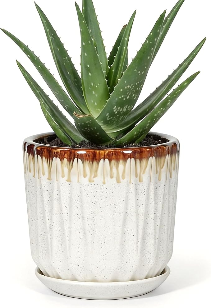 7.5 Inch Ceramic Planter Pot with Saucer Drainage Leak-Proof Mesh,Flower Pots for Indoor Plants with Gardening Gloves,Ceramic Planter(Linen White)