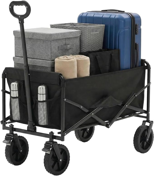 OLIXIS Collapsible Wagon 102L Standard Heavy Duty Utility Folding Wagon Cart with Lockable Brake Wheels – 330 lbs Weight Capacity, Flexible Handle for Beach, Grocery, Camping, Sports & Garden, Black