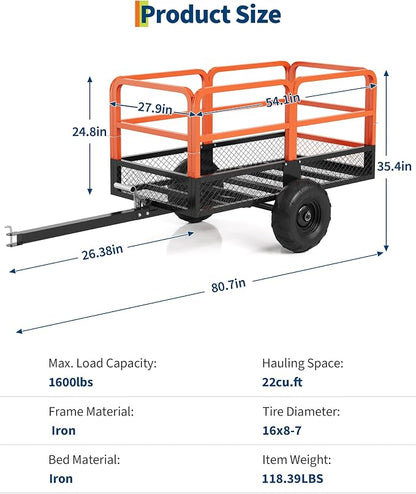 GarveeLife ATV UTV Trailer Tow Behind Dump Cart 22 Cu.ft 1600Lbs Steel, Heavy Duty Pull Behind Utility Dump Trailer for Lawn Mower Trailer Tractor Garden Yard with Removable Rear Panel
