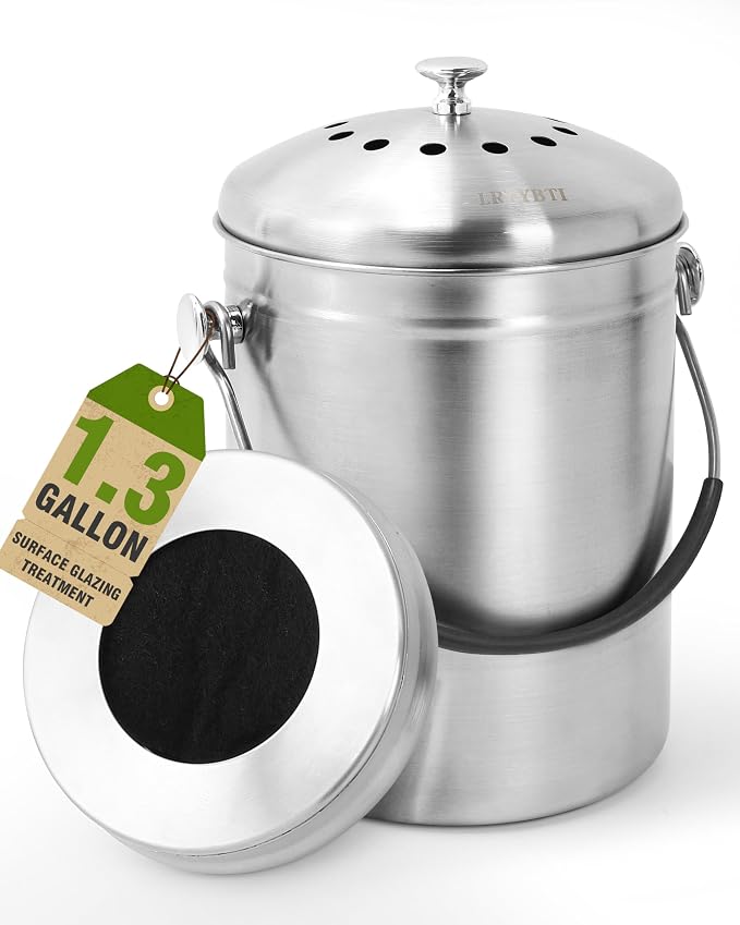 Countertop Compost Bin Kitchen Stainless Steel 1.3 Gallon with Lid, 2 Charcoal Filter for Odorless Composting, Soft-Grip Handle
