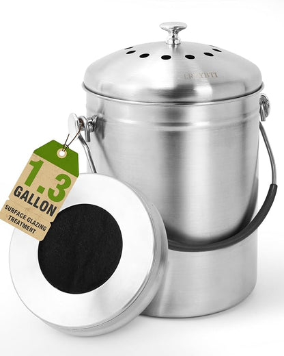 Countertop Compost Bin Kitchen Stainless Steel 1.3 Gallon with Lid, 2 Charcoal Filter for Odorless Composting, Soft-Grip Handle