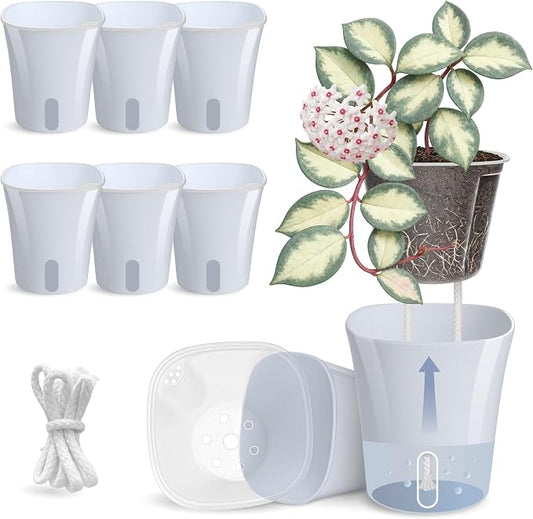 8 Pack 4" Self Watering Pots for Indoor Plants, Clear Inner Cup, Small Blue Grey Plastic Planters, Water Level Indicator, Drainage Holes,Extra 3ft Wick, Cutting,Seedling,Herb,African Violet