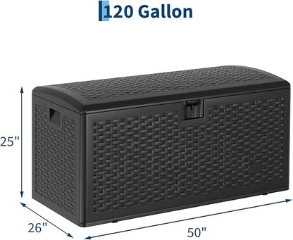 Garvee 120 Gallon Waterproof Large Resin Deck Box Indoor Outdoor, Lockable Storage Container for Patio Furniture Tools, Waterproof Deck Box with Hydraulic Rod Patio Storage Bin for Pool Garden, Black