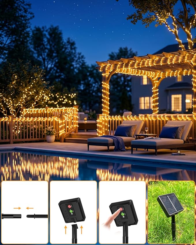 btfarm Solar Rope Lights, 60LED 20FT Solar String Lights Outdoor Waterproof, 8 Lighting Modes Solar Powered Strip Trampoline Light for Outside Garden Tree Christmas Yard Patio Decor, Warm White