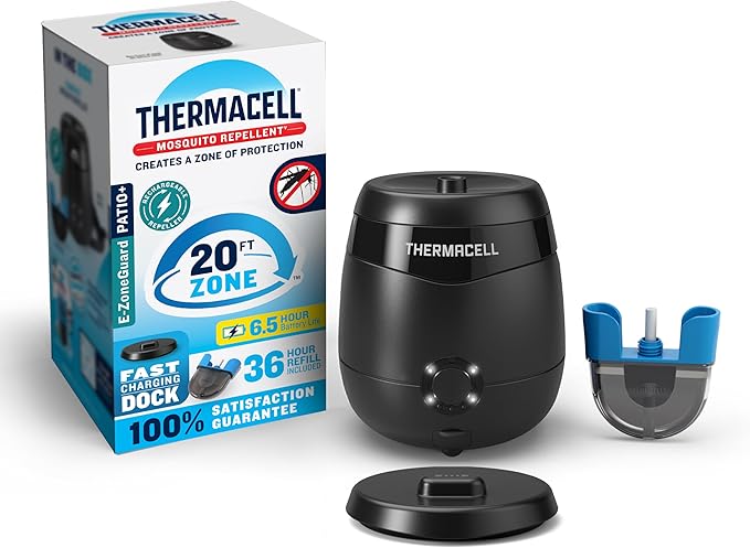 Thermacell E-ZoneGuard Patio + Rechargeable Mosquito Repeller with 20-Foot Zone of Scientifically Proven Outdoor Protection; 6.5-Hr Battery; 36-Hr Refill; Bug Spray Alternative; Fast Charging Dock