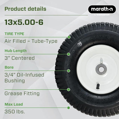 Marathon 20336 13x5.00-6" Pneumatic Tire and Wheel Assembly, Replacement Lawn Mower Tire