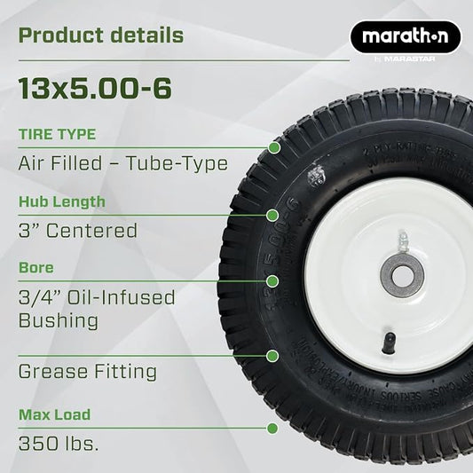 Marathon 20336 13x5.00-6" Pneumatic Tire and Wheel Assembly, Replacement Lawn Mower Tire