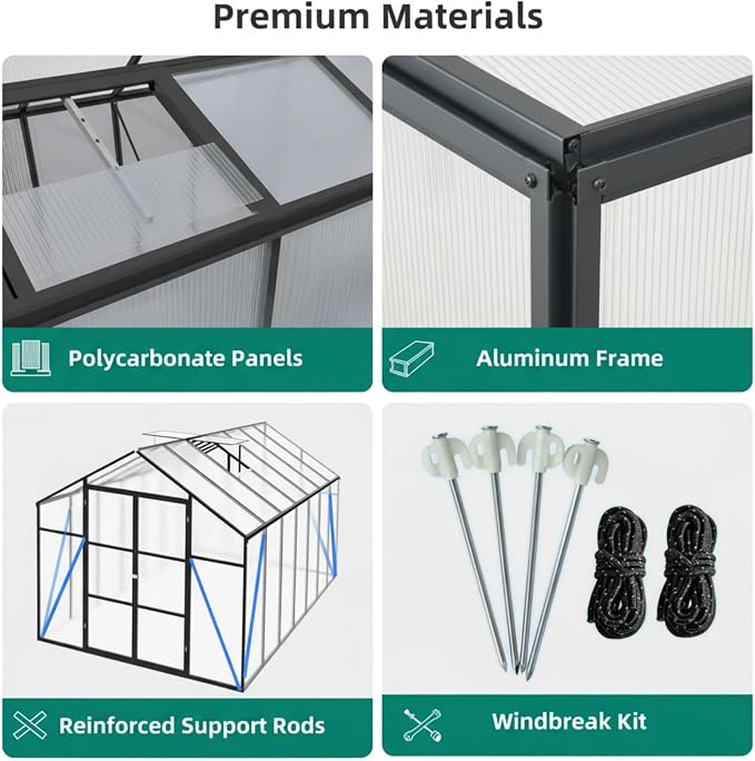 8x14 FT Greenhouse, Walk-in Heavy Duty Polycarbonate Outdoor Greenhouses with Raised Base & Anchor, Height-Enhanced Aluminum Frame, & Drainage System for Backyard All Season Growing, Black