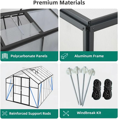 8x14 FT Greenhouse, Walk-in Heavy Duty Polycarbonate Outdoor Greenhouses with Raised Base & Anchor, Height-Enhanced Aluminum Frame, & Drainage System for Backyard All Season Growing, Black