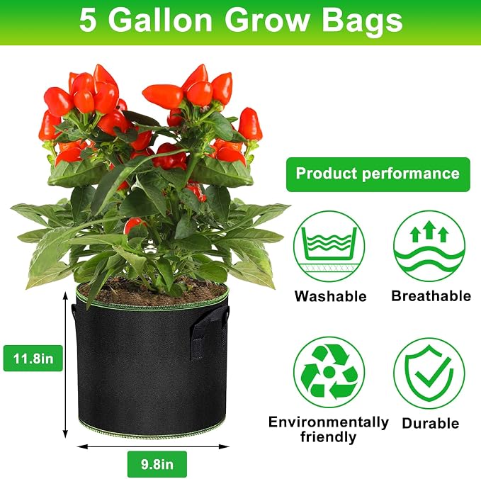 MEKOLIFE 5 Gallon Grow Bags 12 Pack - Thickened Nonwoven Aeration Planter Bags with Handles, Plant Tags & Seedling Bags, Heavy Duty Black Fabric Pots for Vegetable Gardening Garden Outdoor