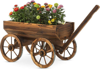 Notume Garden Wooden Decor Rustic Flower Pot,Planters Wagon Indoor Outdoor Backyard Balcony Decor,for Outside Garden Decor Wheelbarrow Planter for Patio (Wooden Wagon)