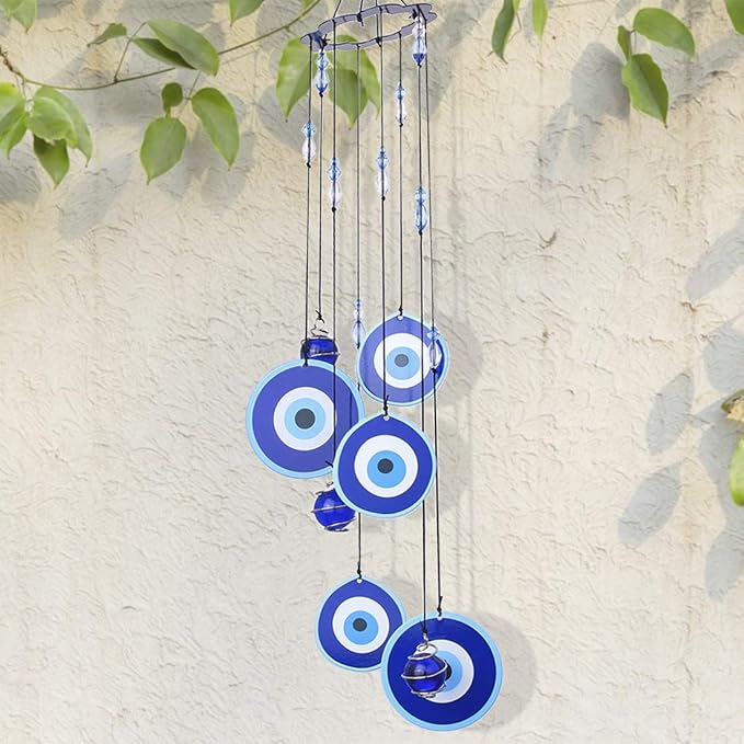 YU FENG 19 Inch Blue Evil Eye Wind Chimes for Outside Garden | Metal Hanging Windchime, Glass Bead Design, Rainbow Light Catcher, Outdoor Yard Patio Home Decoration
